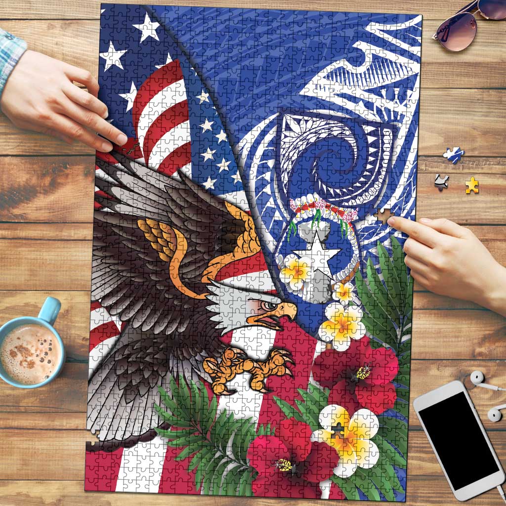 United States and Northern Mariana Islands Puzzle USA Flag Eagle CNMI Latte Stone Tropical Flowers LT14 Blue - Polynesian Pride