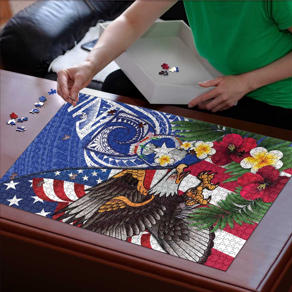 United States and Northern Mariana Islands Puzzle USA Flag Eagle CNMI Latte Stone Tropical Flowers LT14 - Polynesian Pride