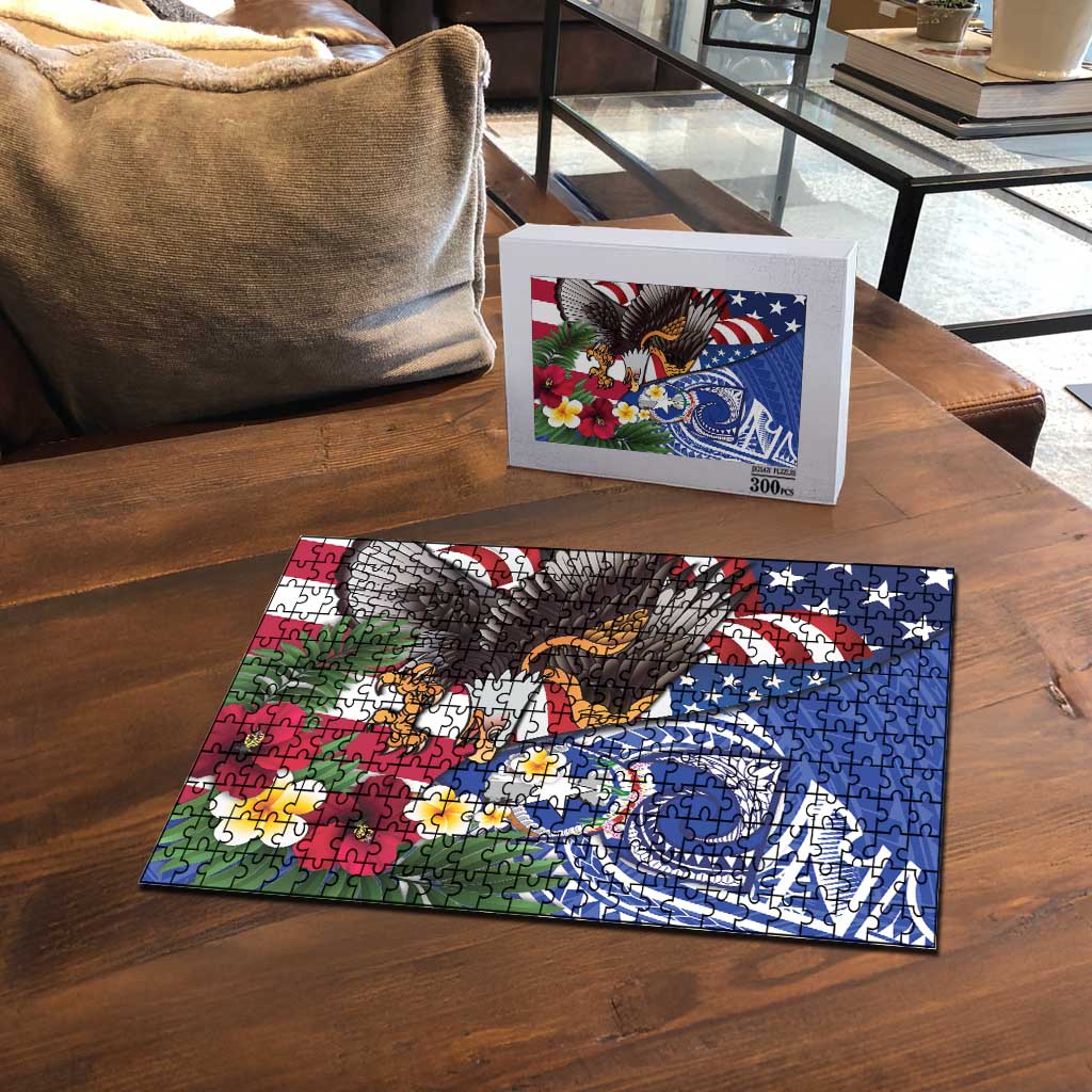 United States and Northern Mariana Islands Puzzle USA Flag Eagle CNMI Latte Stone Tropical Flowers LT14 - Polynesian Pride