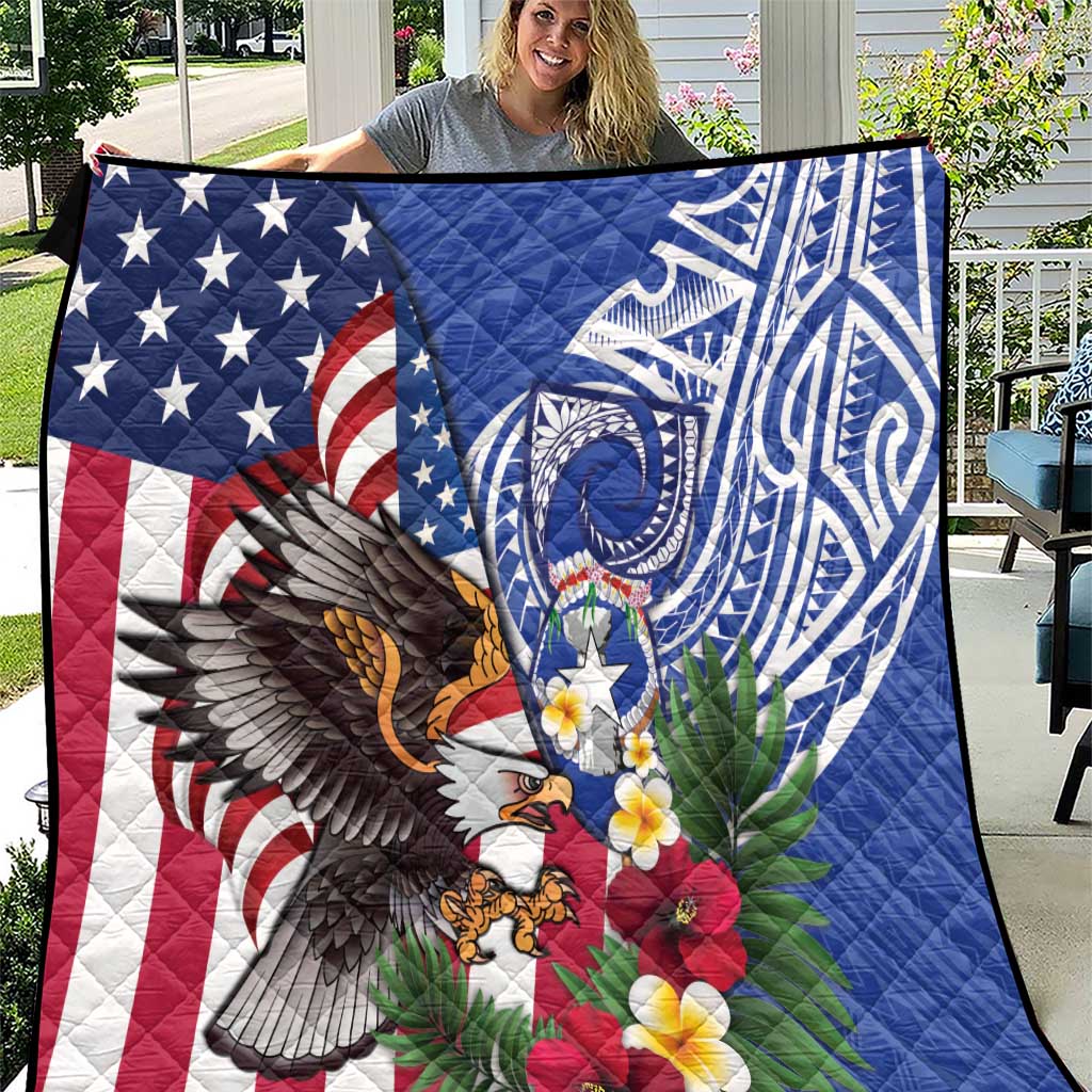 United States and Northern Mariana Islands Quilt USA Flag Eagle CNMI Latte Stone Tropical Flowers