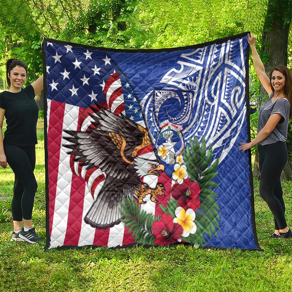 United States and Northern Mariana Islands Quilt USA Flag Eagle CNMI Latte Stone Tropical Flowers