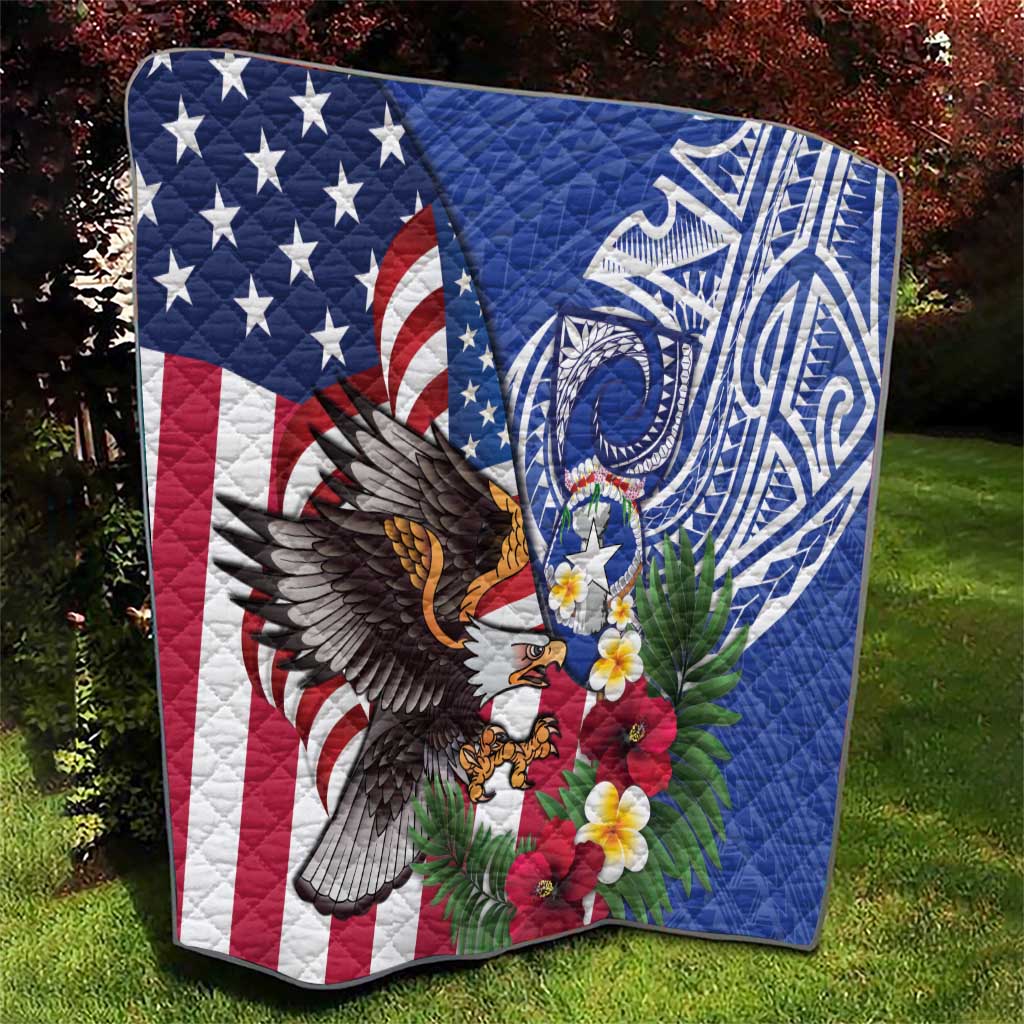 United States and Northern Mariana Islands Quilt USA Flag Eagle CNMI Latte Stone Tropical Flowers