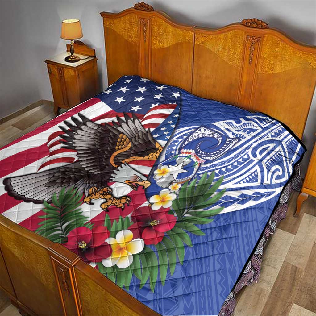 United States and Northern Mariana Islands Quilt USA Flag Eagle CNMI Latte Stone Tropical Flowers