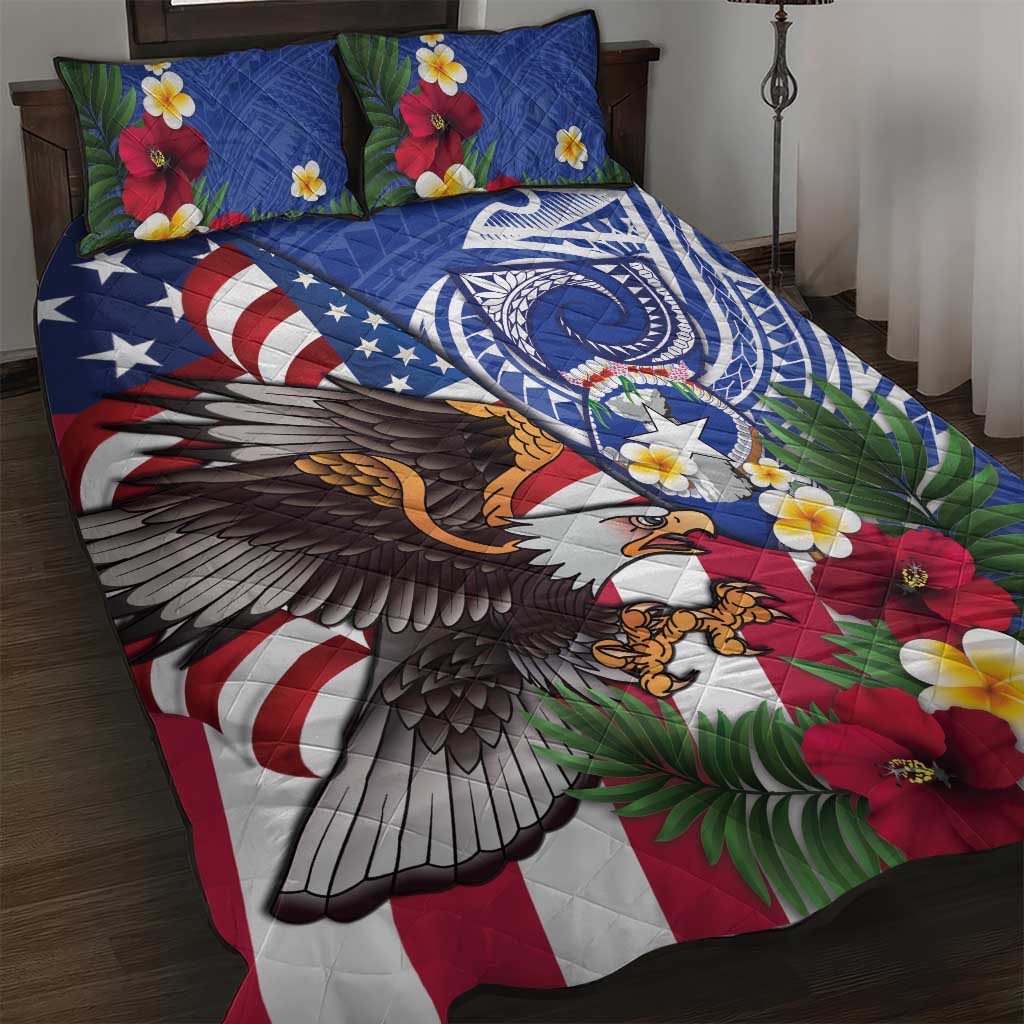 United States and Northern Mariana Islands Quilt Bed Set USA Flag Eagle CNMI Latte Stone Tropical Flowers