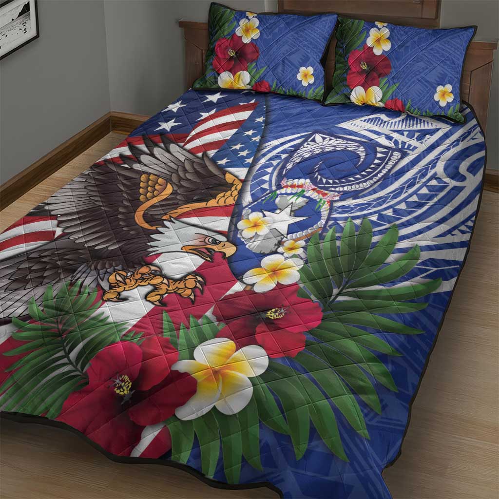 United States and Northern Mariana Islands Quilt Bed Set USA Flag Eagle CNMI Latte Stone Tropical Flowers