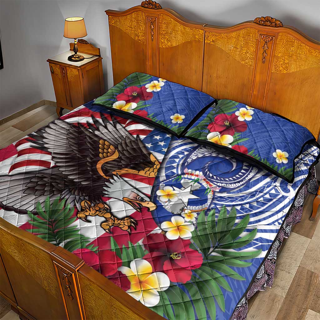 United States and Northern Mariana Islands Quilt Bed Set USA Flag Eagle CNMI Latte Stone Tropical Flowers