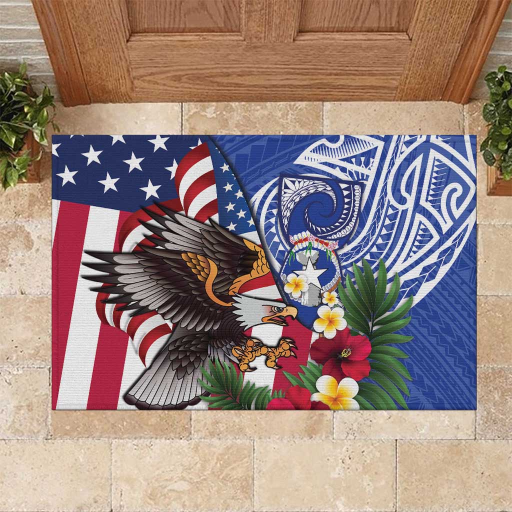 United States and Northern Mariana Islands Rubber Doormat USA Flag Eagle CNMI Latte Stone Tropical Flowers