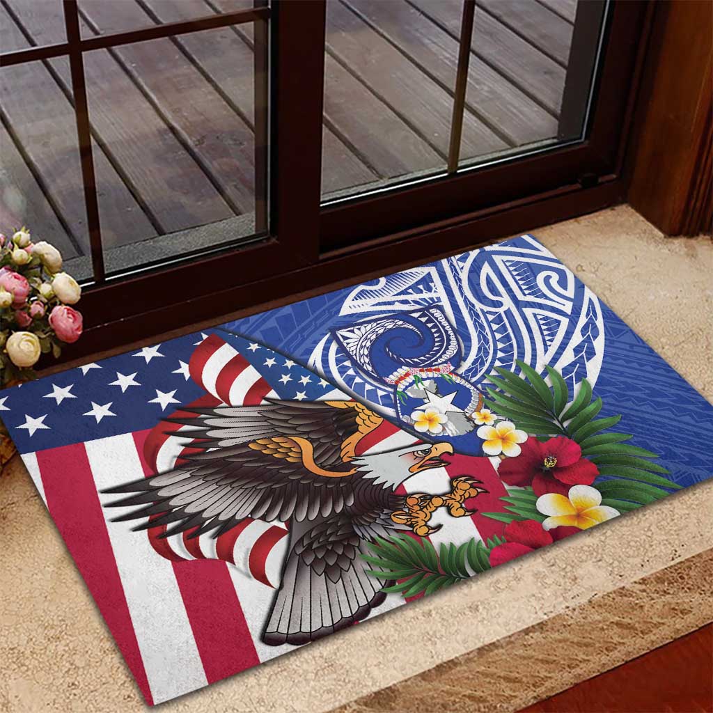 United States and Northern Mariana Islands Rubber Doormat USA Flag Eagle CNMI Latte Stone Tropical Flowers