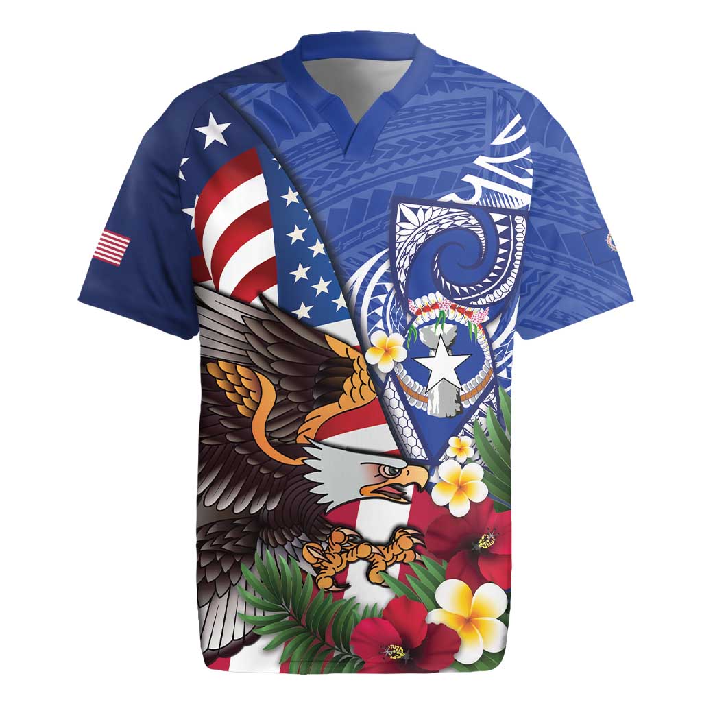 United States and Northern Mariana Islands Rugby Jersey USA Flag Eagle CNMI Latte Stone Tropical Flowers