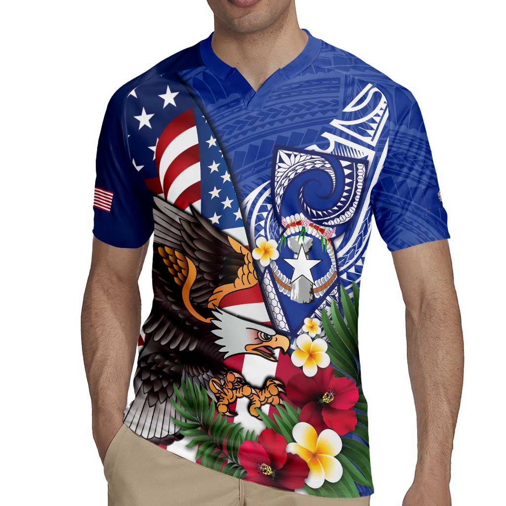 United States and Northern Mariana Islands Rugby Jersey USA Flag Eagle CNMI Latte Stone Tropical Flowers