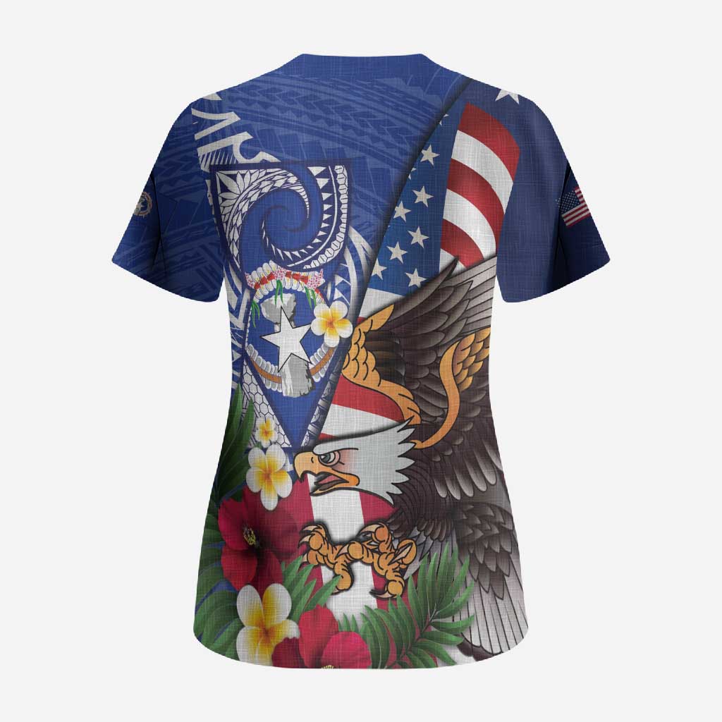 United States and Northern Mariana Islands Scrub Top USA Flag Eagle CNMI Latte Stone Tropical Flowers LT14 - Polynesian Pride
