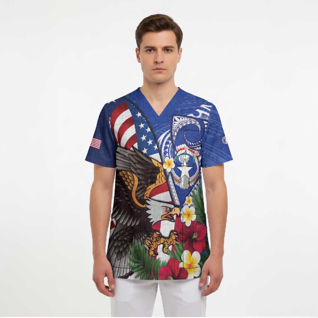 United States and Northern Mariana Islands Scrub Top USA Flag Eagle CNMI Latte Stone Tropical Flowers LT14 - Polynesian Pride
