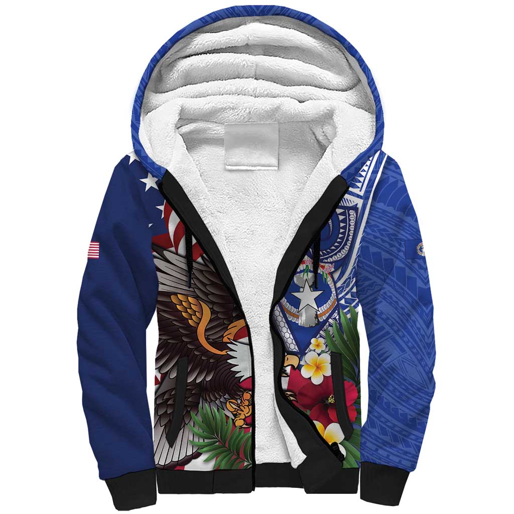 United States and Northern Mariana Islands Sherpa Hoodie USA Flag Eagle CNMI Latte Stone Tropical Flowers