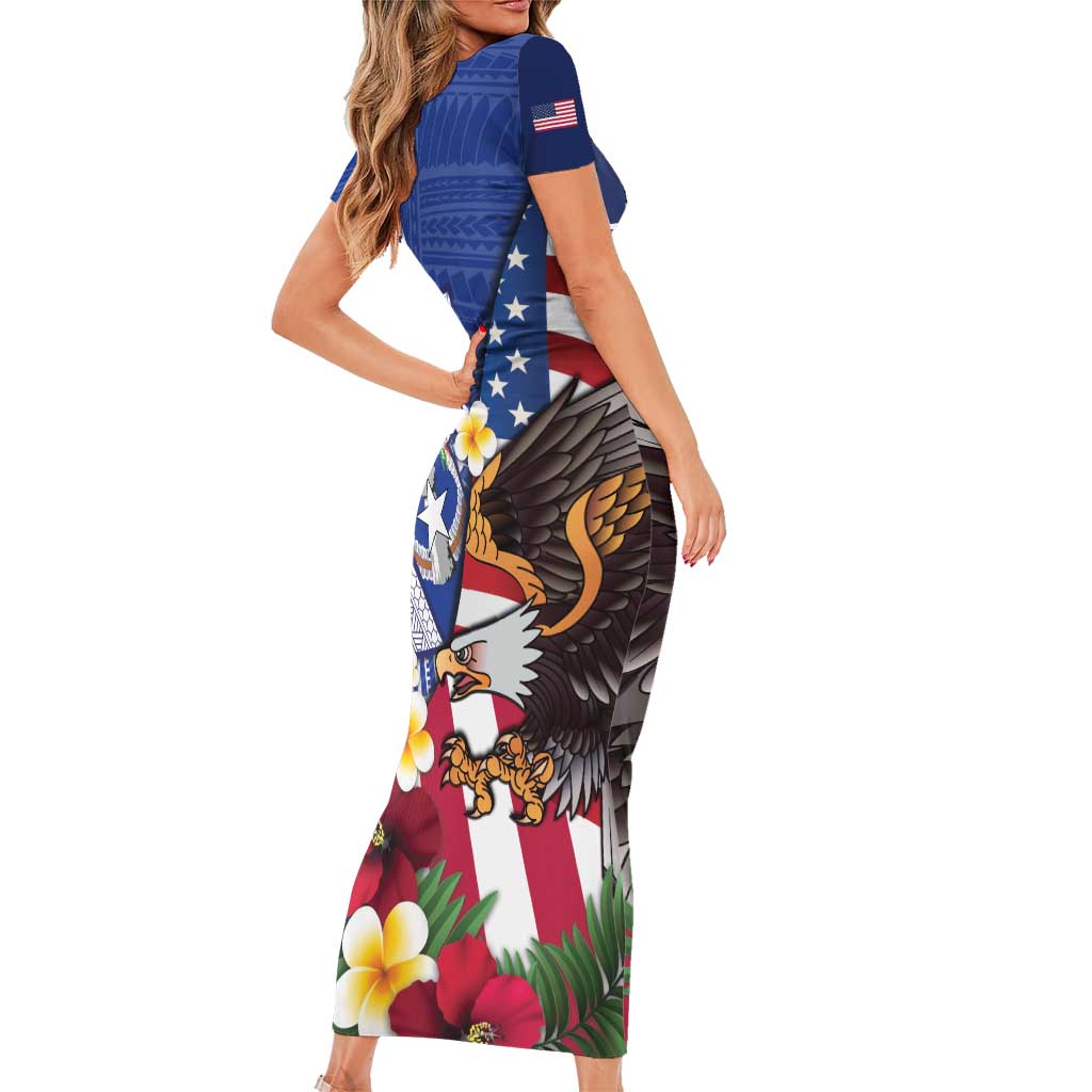 United States and Northern Mariana Islands Short Sleeve Bodycon Dress USA Flag Eagle CNMI Latte Stone Tropical Flowers