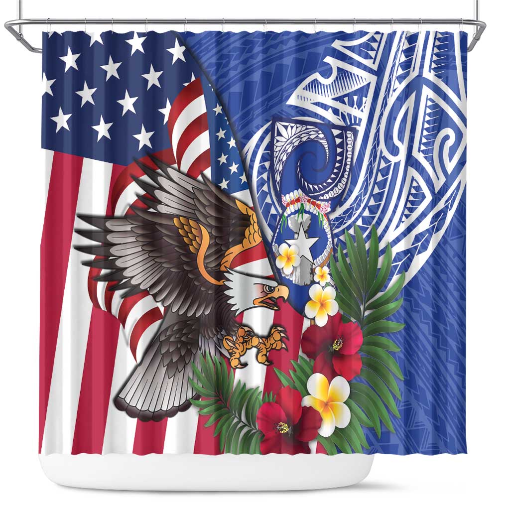 United States and Northern Mariana Islands Shower Curtain USA Flag Eagle CNMI Latte Stone Tropical Flowers
