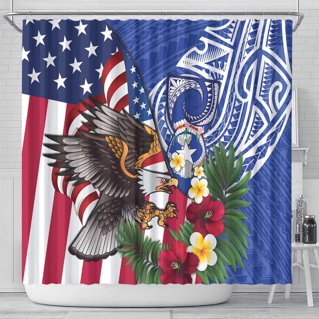 United States and Northern Mariana Islands Shower Curtain USA Flag Eagle CNMI Latte Stone Tropical Flowers