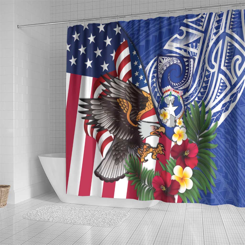 United States and Northern Mariana Islands Shower Curtain USA Flag Eagle CNMI Latte Stone Tropical Flowers