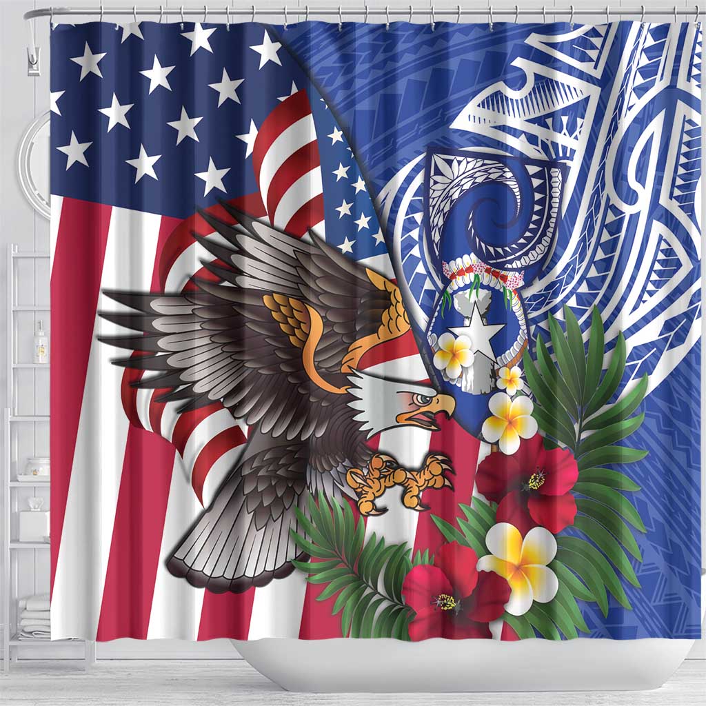 United States and Northern Mariana Islands Shower Curtain USA Flag Eagle CNMI Latte Stone Tropical Flowers