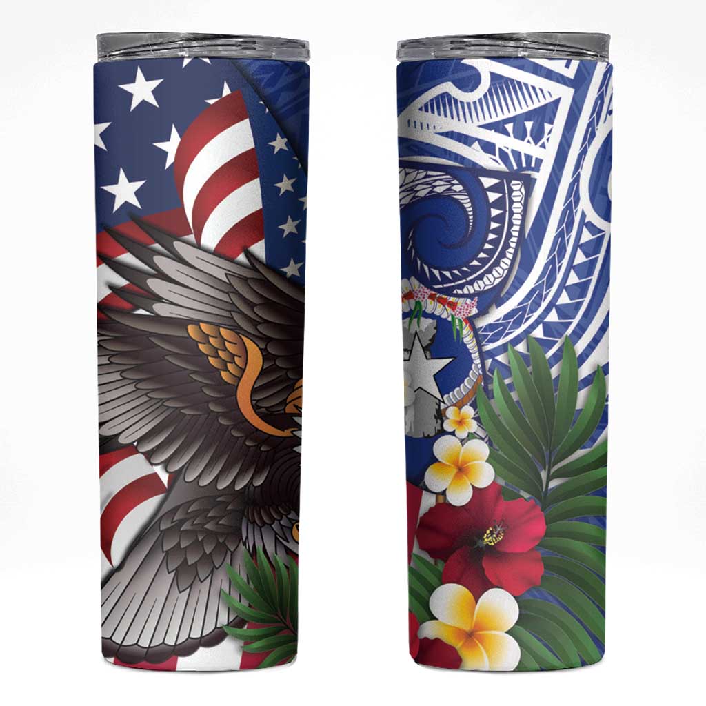 United States and Northern Mariana Islands Skinny Tumbler USA Flag Eagle CNMI Latte Stone Tropical Flowers LT14 Blue - Polynesian Pride
