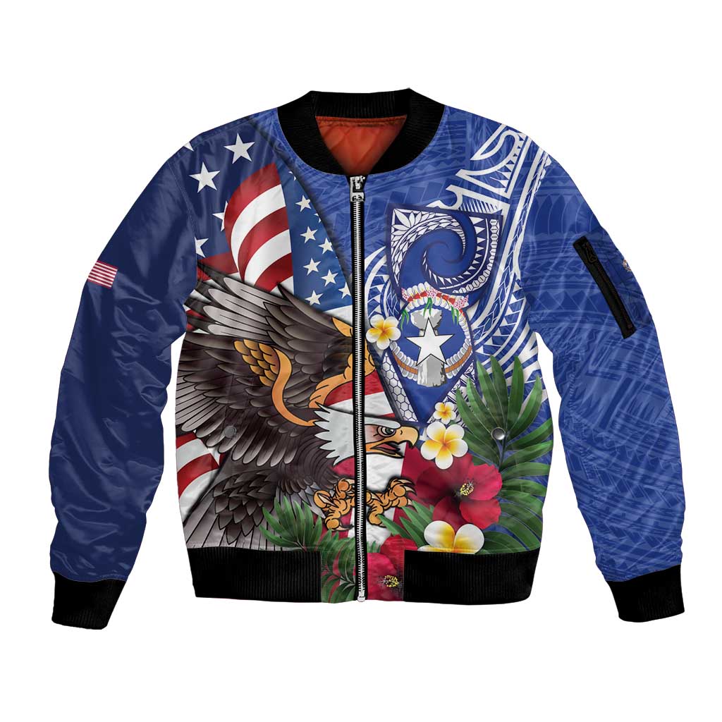 United States and Northern Mariana Islands Sleeve Zip Bomber Jacket USA Flag Eagle CNMI Latte Stone Tropical Flowers