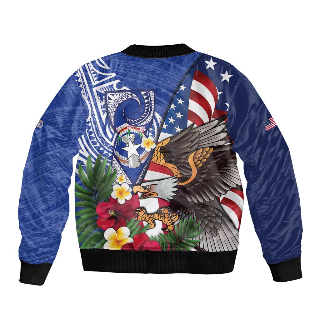 United States and Northern Mariana Islands Sleeve Zip Bomber Jacket USA Flag Eagle CNMI Latte Stone Tropical Flowers LT14 - Polynesian Pride