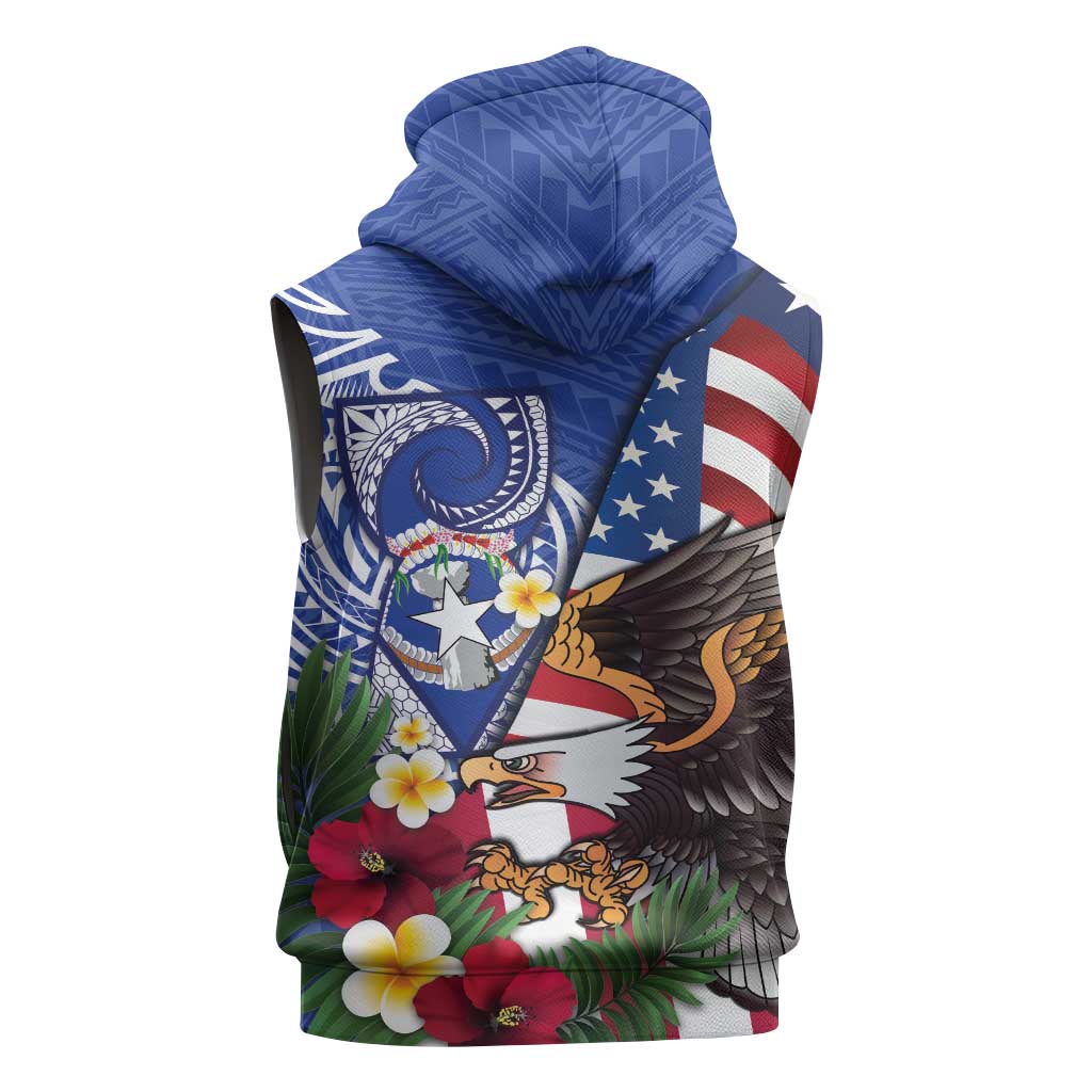 United States and Northern Mariana Islands Sleeveless Hoodie USA Flag Eagle CNMI Latte Stone Tropical Flowers