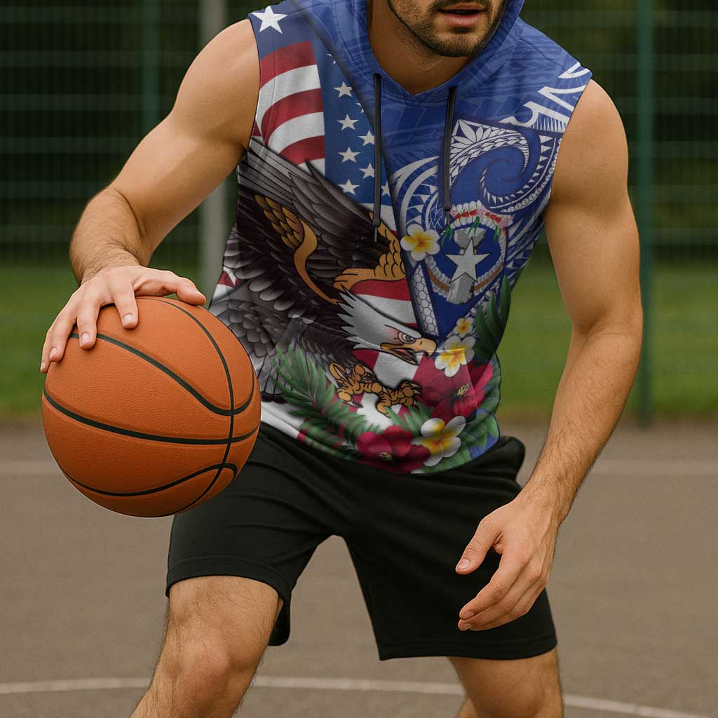 United States and Northern Mariana Islands Sleeveless Hoodie USA Flag Eagle CNMI Latte Stone Tropical Flowers