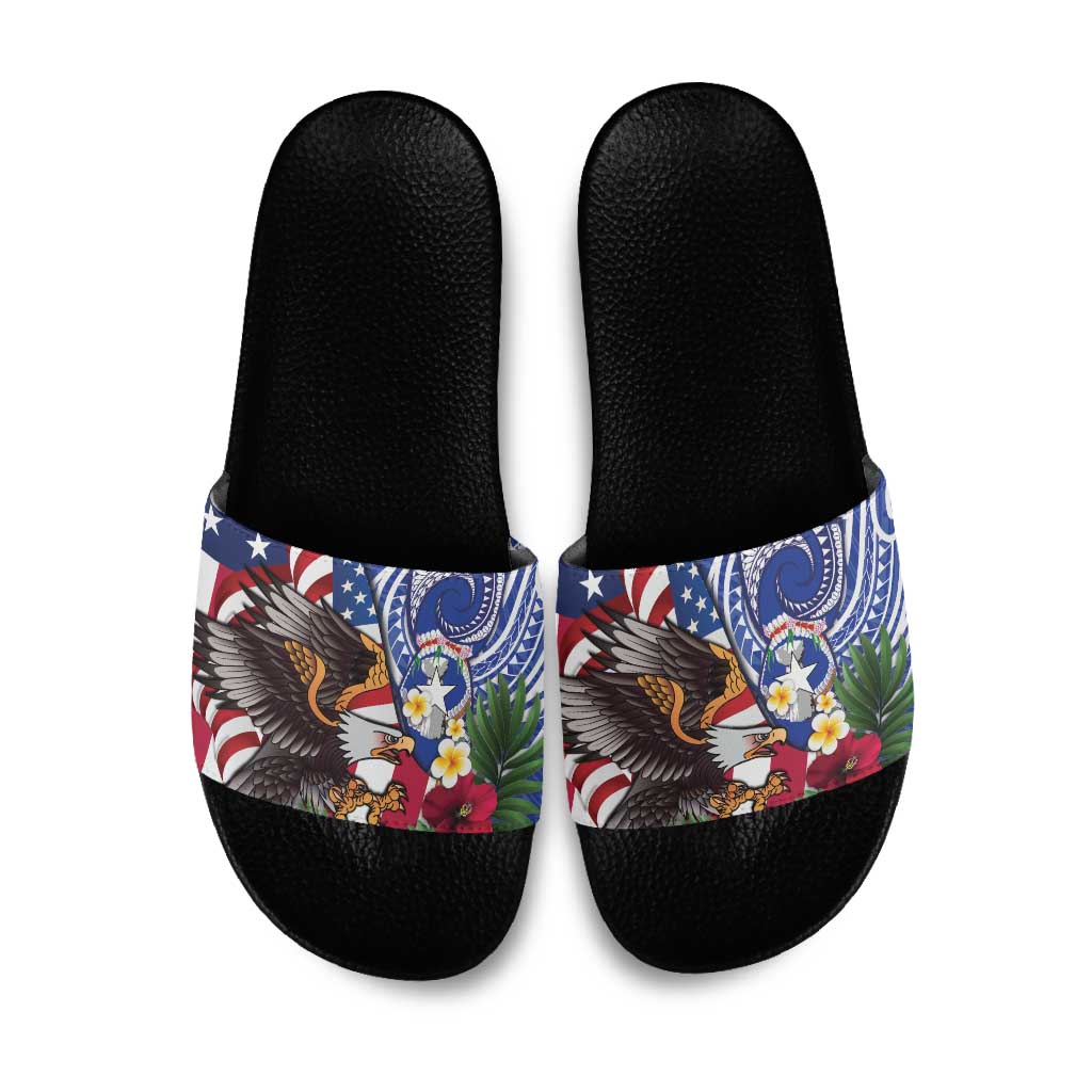 United States and Northern Mariana Islands Slide Sandals USA Flag Eagle CNMI Latte Stone Tropical Flowers LT14 Blue - Polynesian Pride