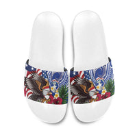United States and Northern Mariana Islands Slide Sandals USA Flag Eagle CNMI Latte Stone Tropical Flowers LT14 Blue - Polynesian Pride