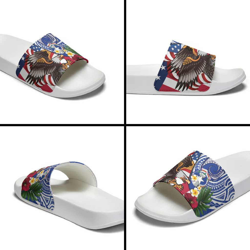 United States and Northern Mariana Islands Slide Sandals USA Flag Eagle CNMI Latte Stone Tropical Flowers LT14 - Polynesian Pride