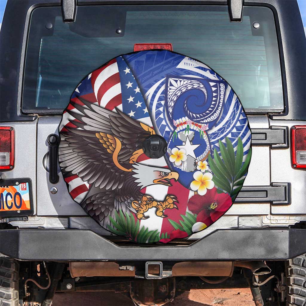 United States and Northern Mariana Islands Spare Tire Cover USA Flag Eagle CNMI Latte Stone Tropical Flowers