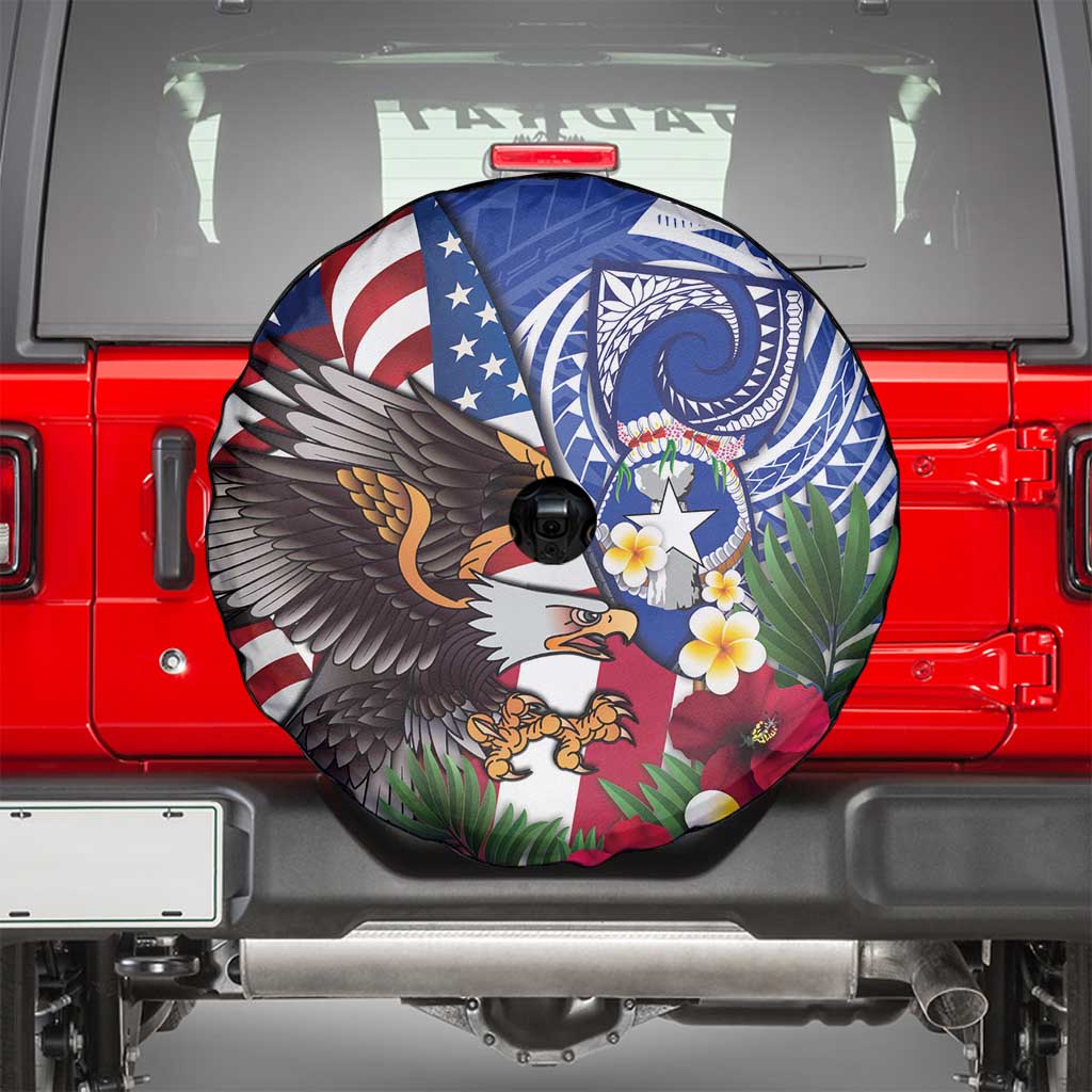 United States and Northern Mariana Islands Spare Tire Cover USA Flag Eagle CNMI Latte Stone Tropical Flowers