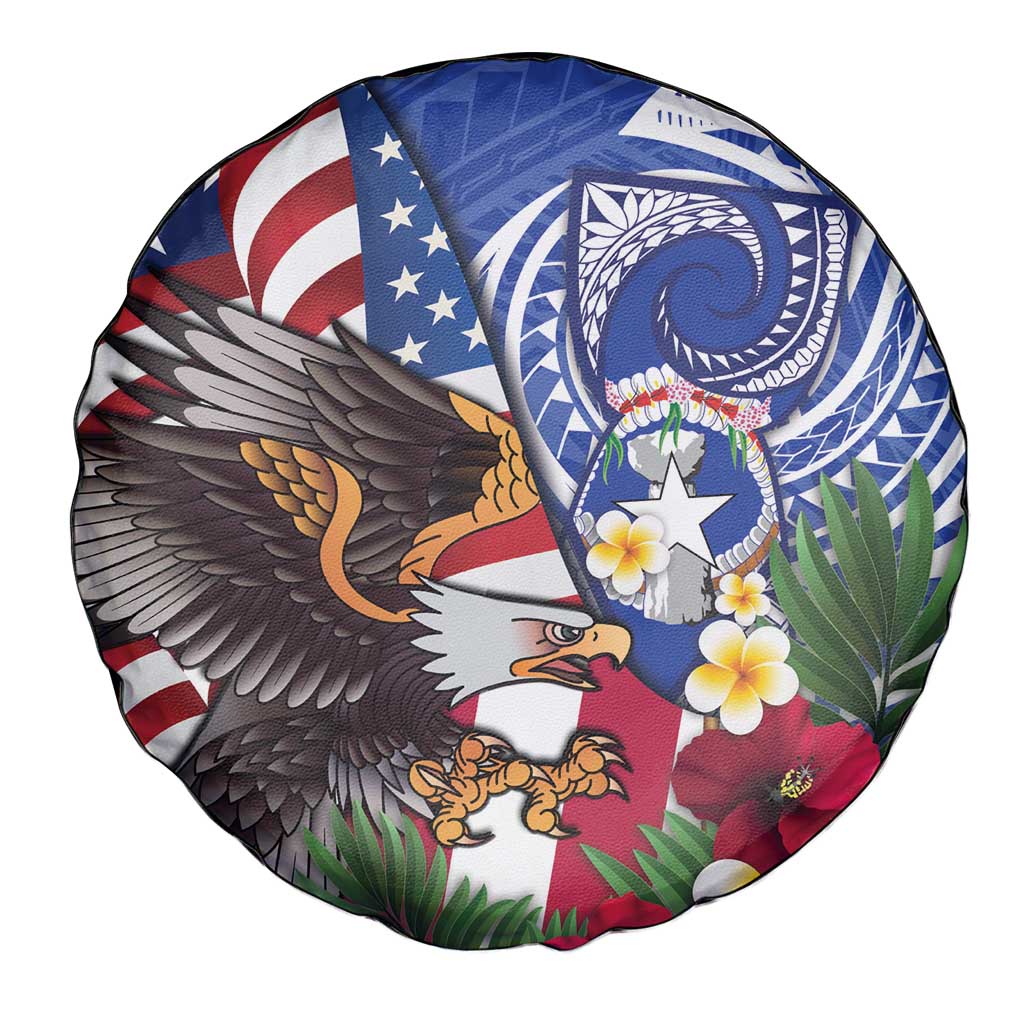 United States and Northern Mariana Islands Spare Tire Cover USA Flag Eagle CNMI Latte Stone Tropical Flowers