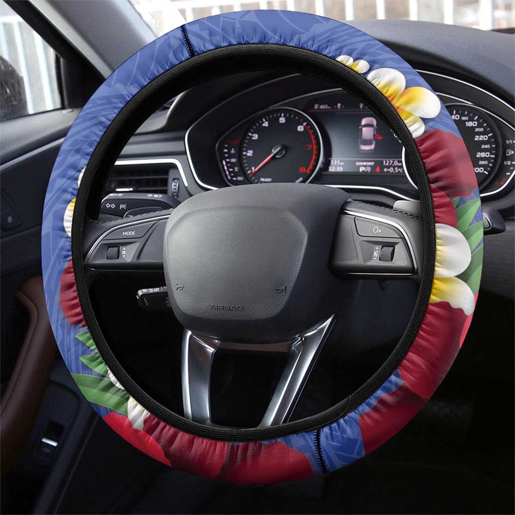 United States and Northern Mariana Islands Steering Wheel Cover USA Flag Eagle CNMI Latte Stone Tropical Flowers LT14 - Polynesian Pride