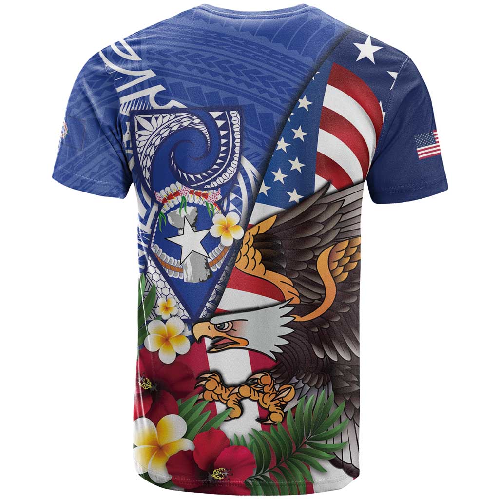United States and Northern Mariana Islands T Shirt USA Flag Eagle CNMI Latte Stone Tropical Flowers