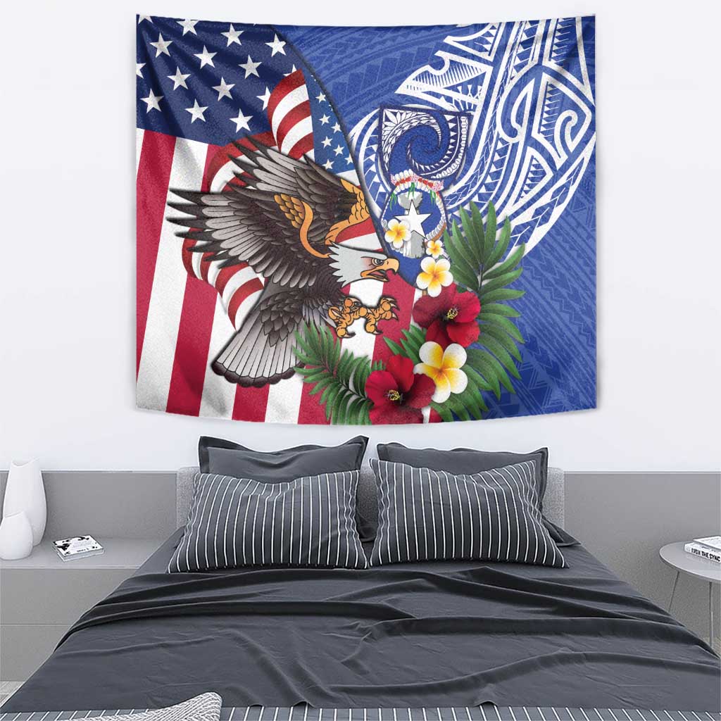 United States and Northern Mariana Islands Tapestry USA Flag Eagle CNMI Latte Stone Tropical Flowers LT14 - Polynesian Pride