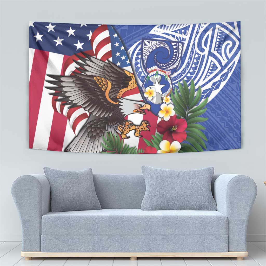 United States and Northern Mariana Islands Tapestry USA Flag Eagle CNMI Latte Stone Tropical Flowers LT14 - Polynesian Pride