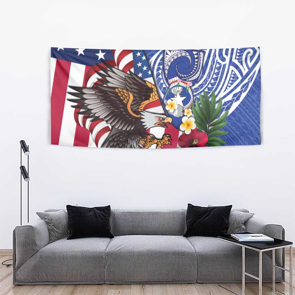 United States and Northern Mariana Islands Tapestry USA Flag Eagle CNMI Latte Stone Tropical Flowers LT14 - Polynesian Pride