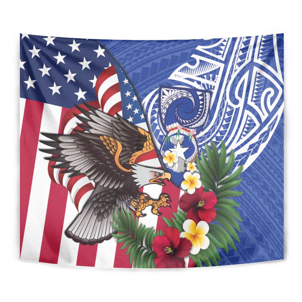 United States and Northern Mariana Islands Tapestry USA Flag Eagle CNMI Latte Stone Tropical Flowers LT14 - Polynesian Pride