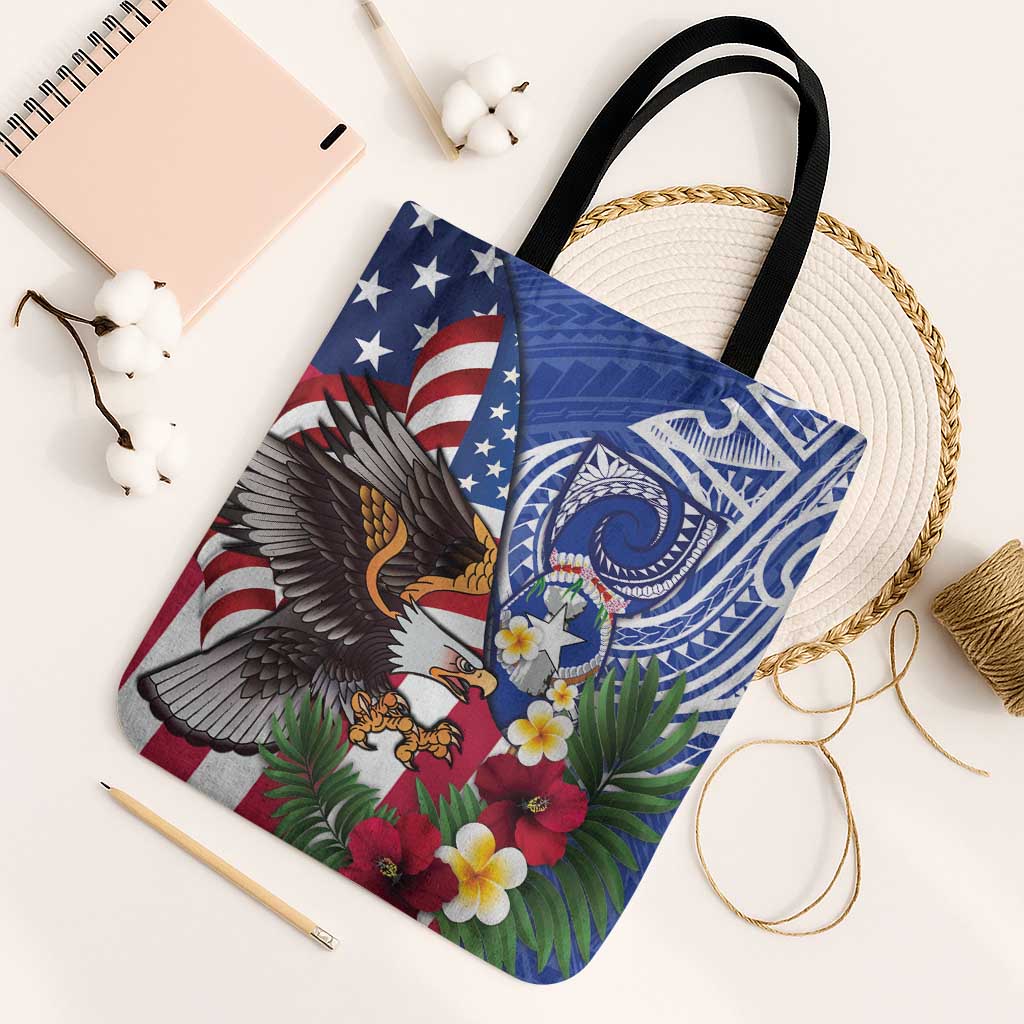 United States and Northern Mariana Islands Tote Bag USA Flag Eagle CNMI Latte Stone Tropical Flowers LT14 Black Strap One Size Blue - Polynesian Pride