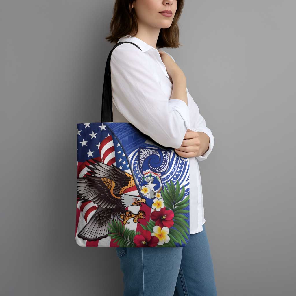 United States and Northern Mariana Islands Tote Bag USA Flag Eagle CNMI Latte Stone Tropical Flowers LT14 - Polynesian Pride