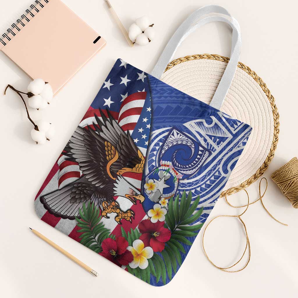 United States and Northern Mariana Islands Tote Bag USA Flag Eagle CNMI Latte Stone Tropical Flowers LT14 White Strap One Size Blue - Polynesian Pride