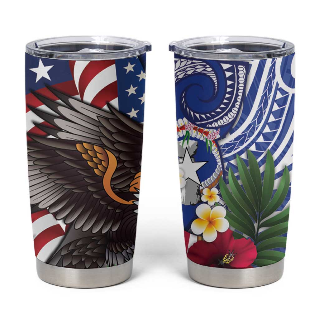 United States and Northern Mariana Islands Tumbler Cup USA Flag Eagle CNMI Latte Stone Tropical Flowers LT14 Blue - Polynesian Pride