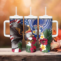 United States and Northern Mariana Islands Tumbler With Handle USA Flag Eagle CNMI Latte Stone Tropical Flowers LT14 - Polynesian Pride