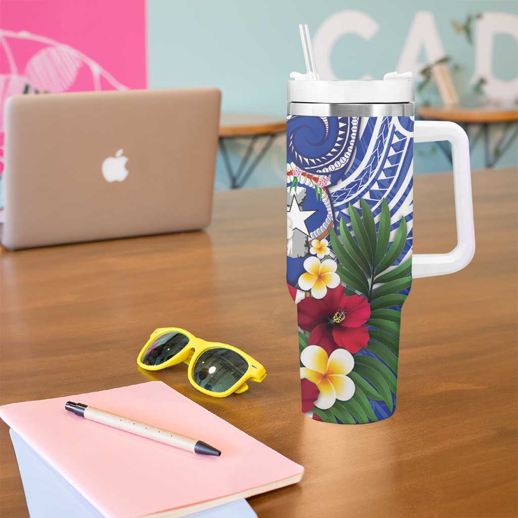 United States and Northern Mariana Islands Tumbler With Handle USA Flag Eagle CNMI Latte Stone Tropical Flowers LT14 - Polynesian Pride