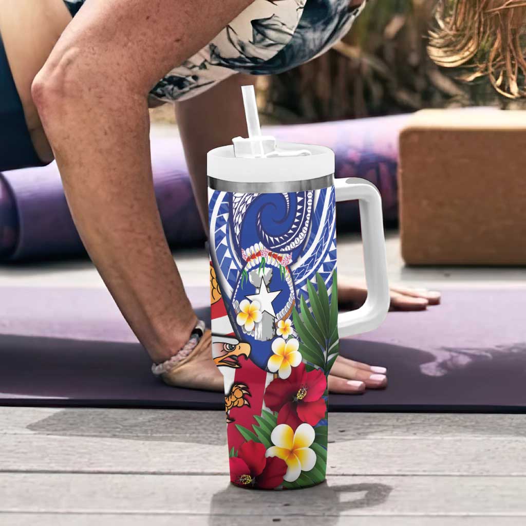 United States and Northern Mariana Islands Tumbler With Handle USA Flag Eagle CNMI Latte Stone Tropical Flowers LT14 - Polynesian Pride
