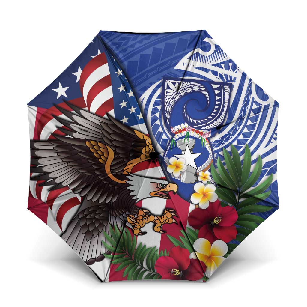 United States and Northern Mariana Islands Umbrella USA Flag Eagle CNMI Latte Stone Tropical Flowers LT14 One Size Folded 11.42 inch Opened Diameter 37.4 inch Blue - Polynesian Pride