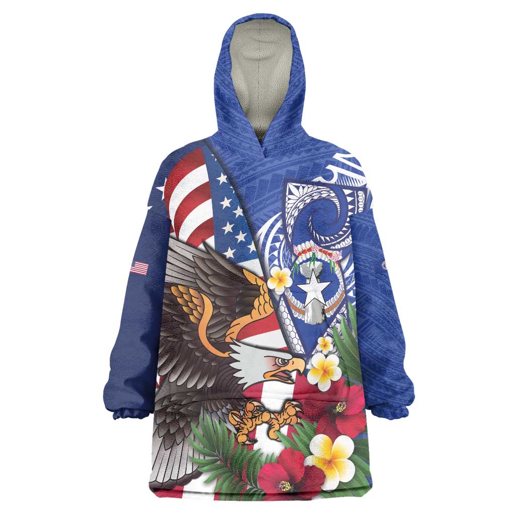 United States and Northern Mariana Islands Wearable Blanket Hoodie USA Flag Eagle CNMI Latte Stone Tropical Flowers LT14 One Size Blue - Polynesian Pride