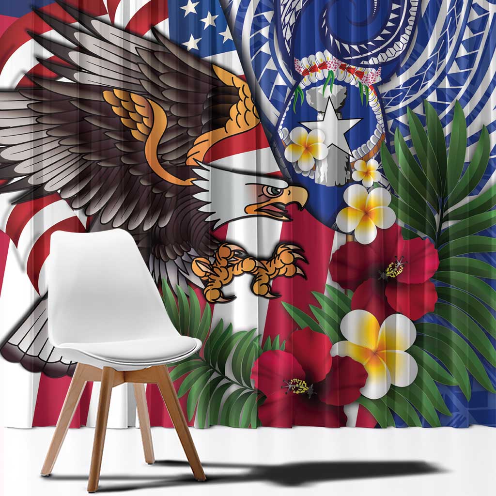 United States and Northern Mariana Islands Window Curtain USA Flag Eagle CNMI Latte Stone Tropical Flowers