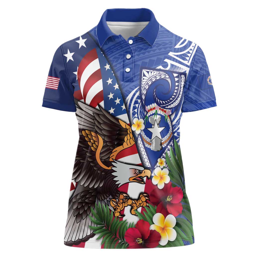 United States and Northern Mariana Islands Women Polo Shirt USA Flag Eagle CNMI Latte Stone Tropical Flowers
